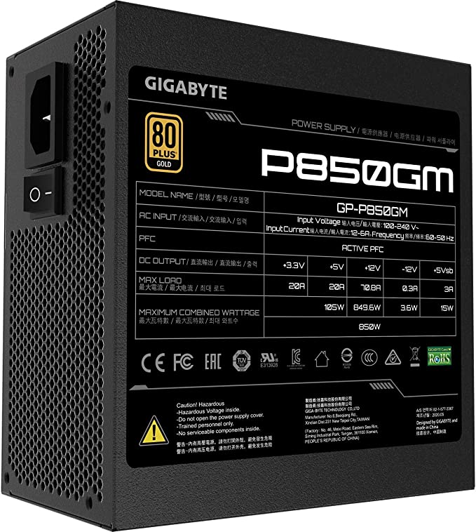 GIGABYTE P850GM V2, 850W, 80+ Plus Gold, Fully Modular Power Supply