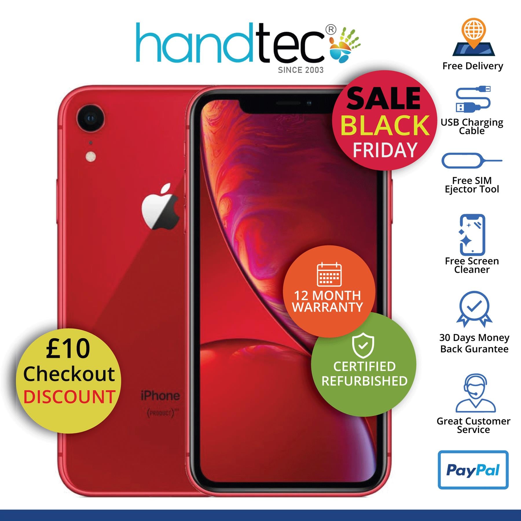 Apple iPhone XR 64GB Red (No Face ID) Unlocked Refurbished Pristine