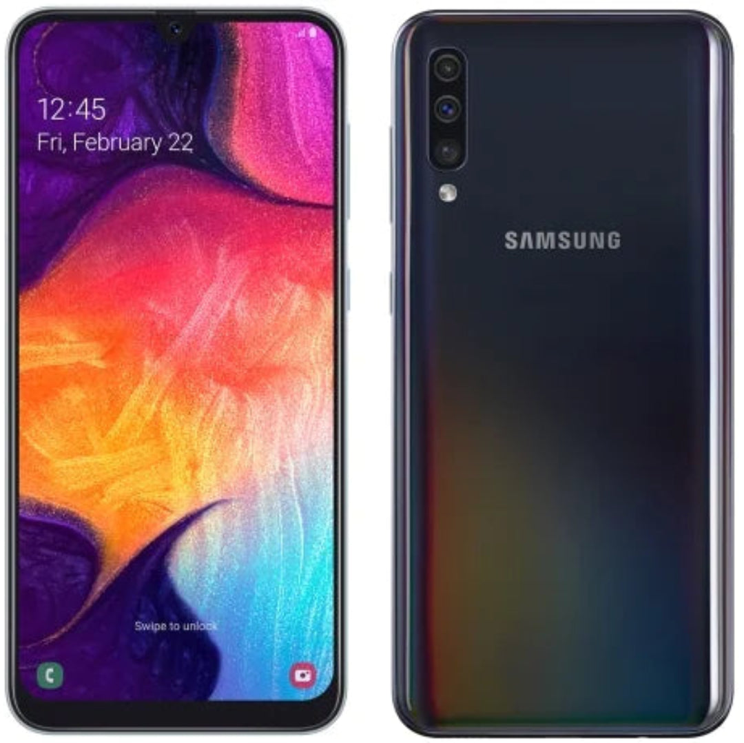 Refurbished Samsung Galaxy A50 smartphone with a sleek design, shown on a clipboard, SIM-free and ready for use.