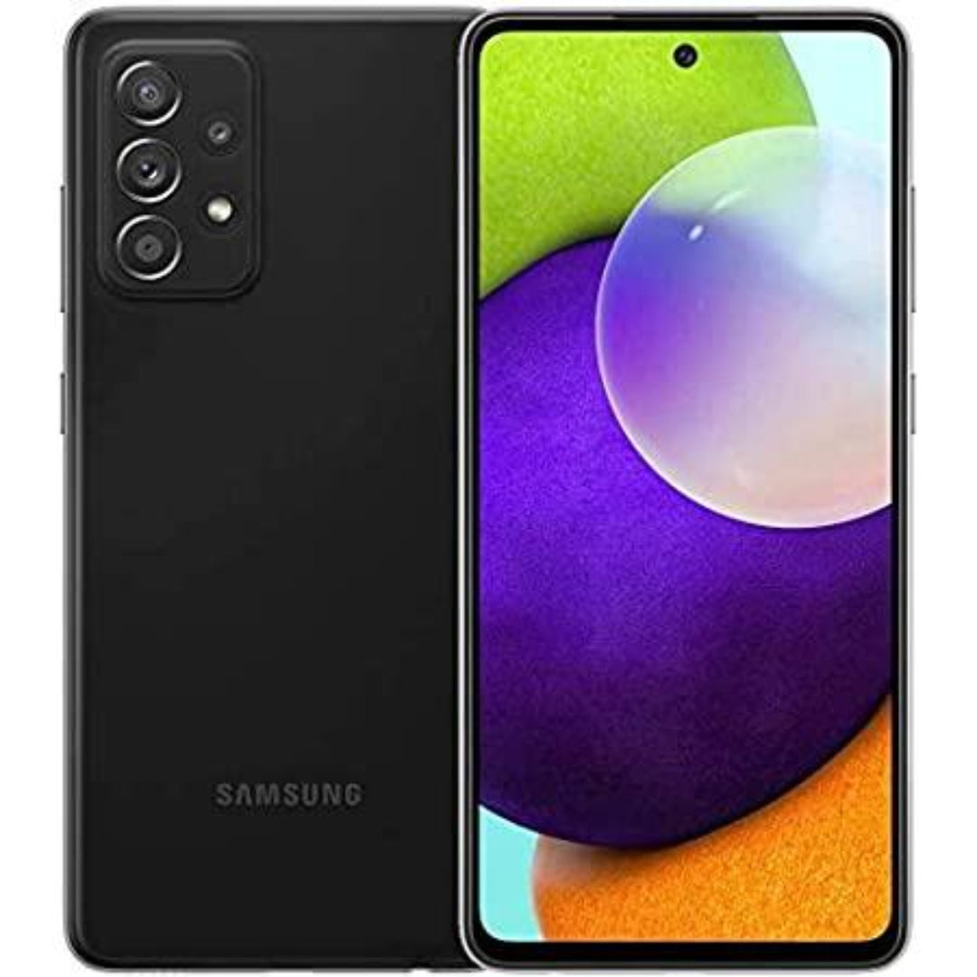 Samsung Galaxy A52 128GB black refurbished smartphone with a sleek display and clean design, unlocked for use with any carrier.