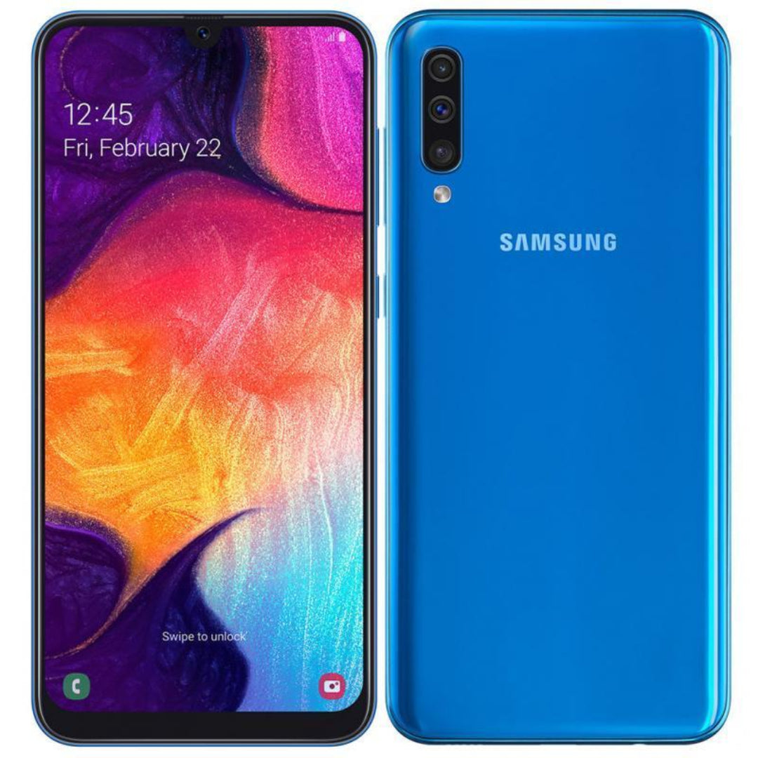 Refurbished Samsung Galaxy A50 SIM free smartphone showing the front with a large display and sleek design.