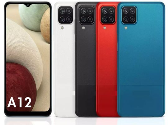 Refurbished Samsung Galaxy A12 SIM-free smartphone displaying the front screen with colorful app icons.