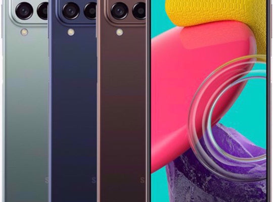Refurbished Samsung Galaxy M53 5G smartphone with large display and sleek black design, featuring multiple camera lenses.