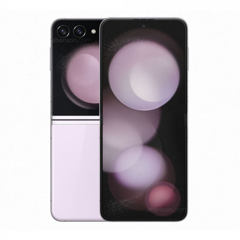 Samsung Galaxy Z Flip5 5G refurbished unlocked flip smartphone with foldable display, showing the device partially folded.