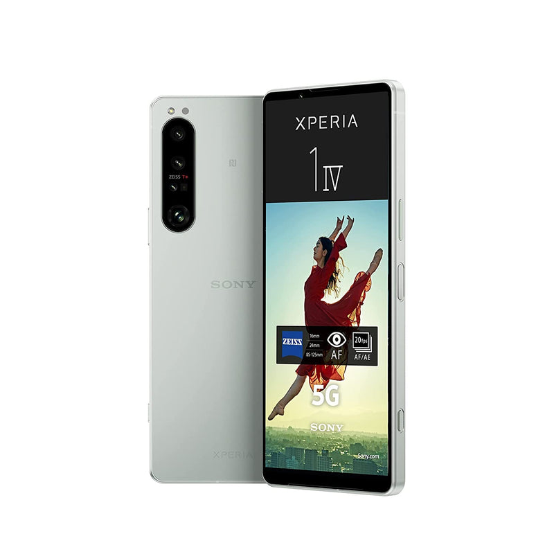 Refurbished Sony Xperia 1 IV smartphone in ice white with 256GB storage, unlocked, showing front and back views.