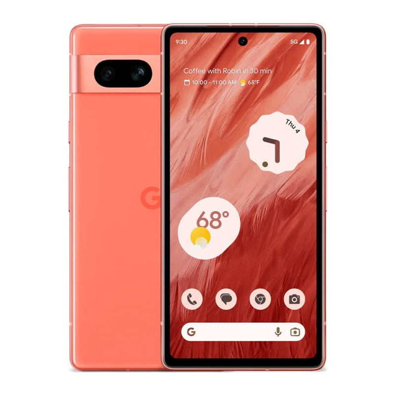 Google Pixel 7a 5G refurbished unlocked smartphone with dual rear cameras and sleek design.