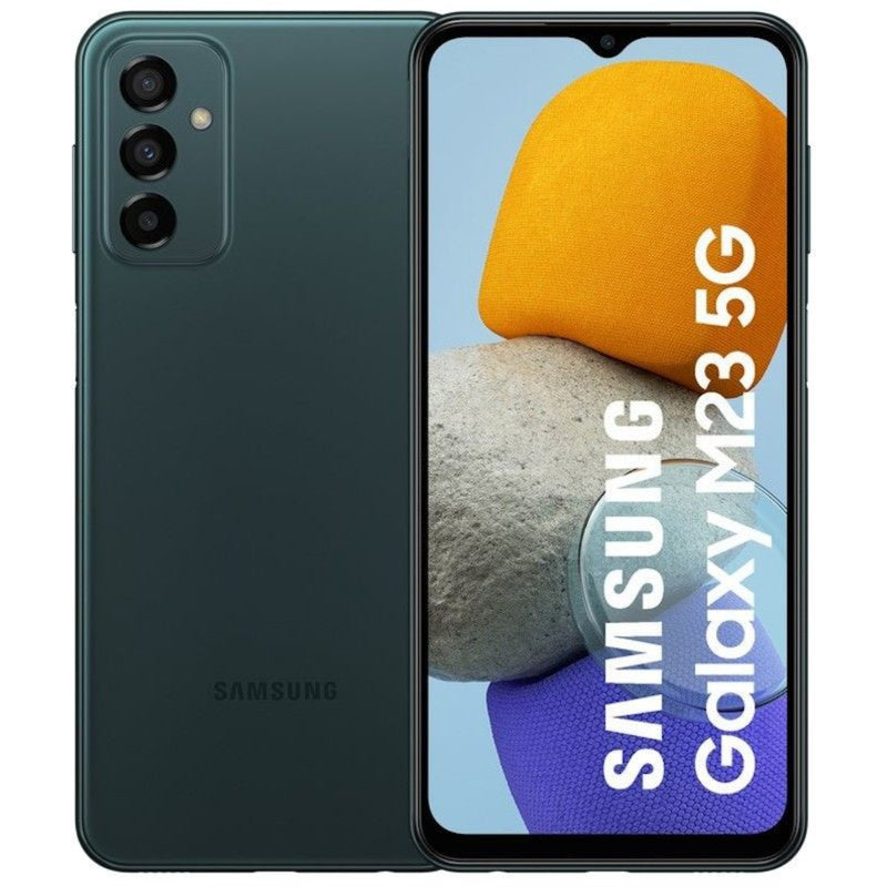 Refurbished Samsung Galaxy M23 5G smartphone with dual rear cameras and sleek design, SIM free mobile device.