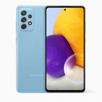 Samsung Galaxy A72 refurbished Awesome Blue smartphone with large display and sleek design, front view showing screen and back with camera array.