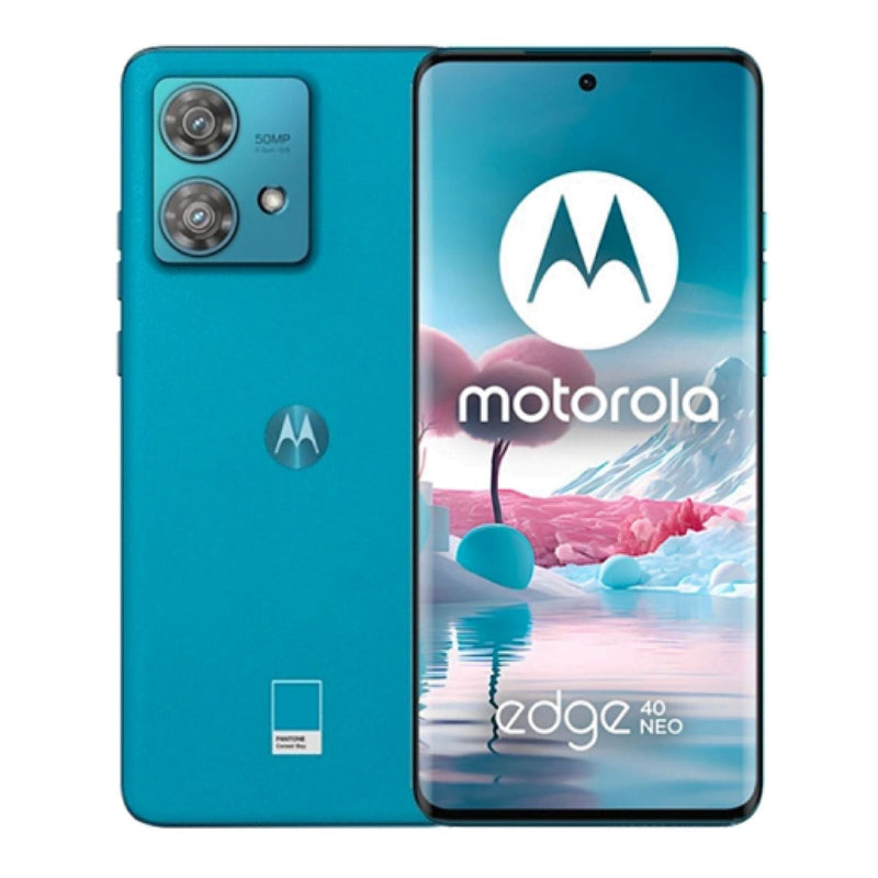 Refurbished Motorola Edge 40 Neo smartphone with sleek design, large display, and dual cameras, SIM free, in a modern style.
