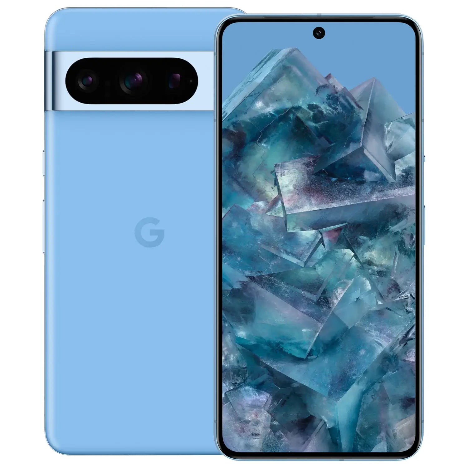 Google Pixel 8 Pro 5G refurbished phone with 256GB storage, in bay color, unlocked, showing front and back views.