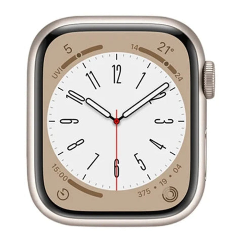 Refurbished Apple Watch SE 2nd Gen GPS 40mm aluminum case in Starlight color, showing the watch face and side buttons.