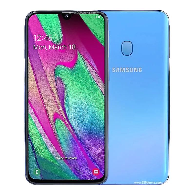 Refurbished Samsung Galaxy A40 smartphone in blue, unlocked and SIM free, showing the device with a large screen and sleek design.