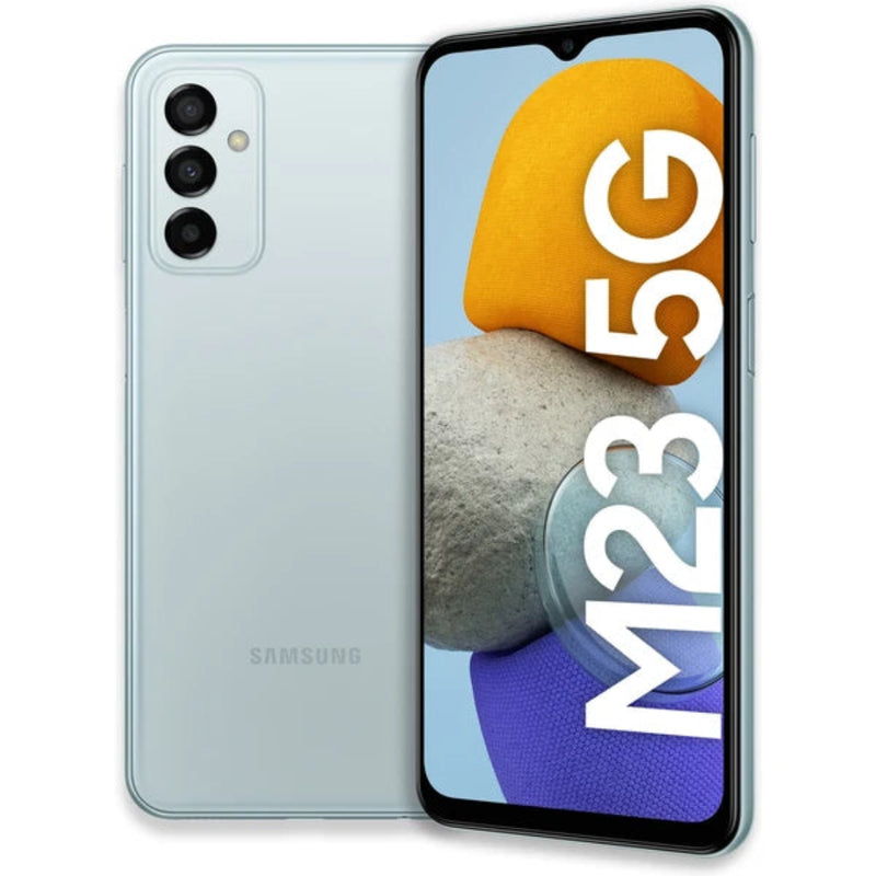 Samsung Galaxy M23 5G refurbished SIM free smartphone showing the front display with a colorful home screen and slim design.