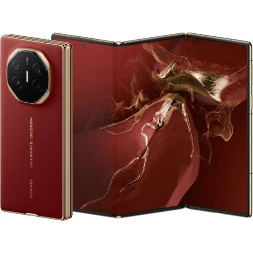 Huawei MATE XT Ultimate tri-fold smartphone with 16GB RAM, 1TB storage, red color, unlocked, pristine refurbished condition.