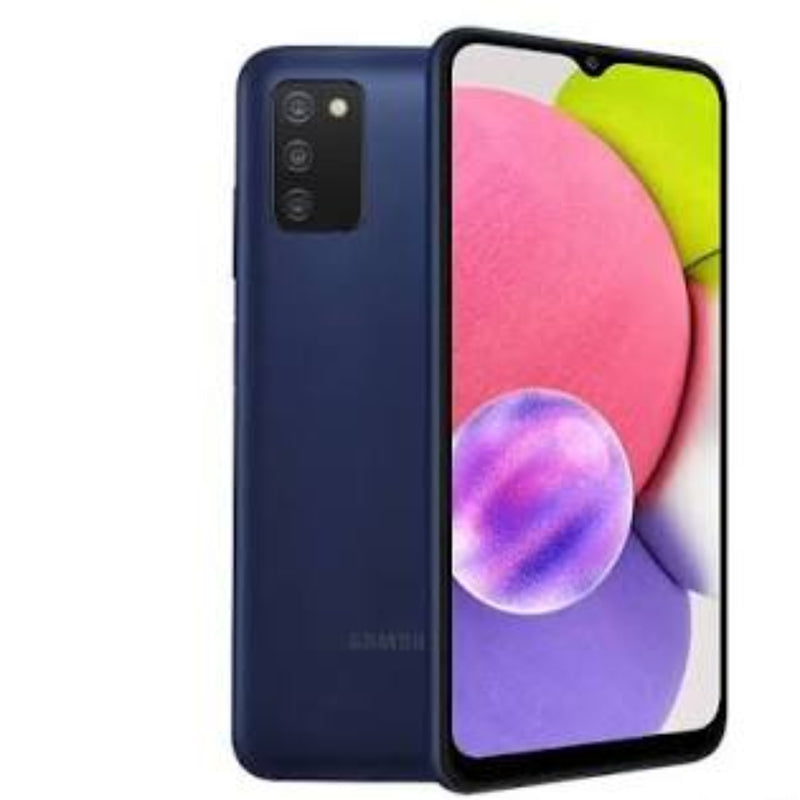 Refurbished Samsung Galaxy A03s SIM free smartphone with dual cameras and 6.5-inch display, shown in image.