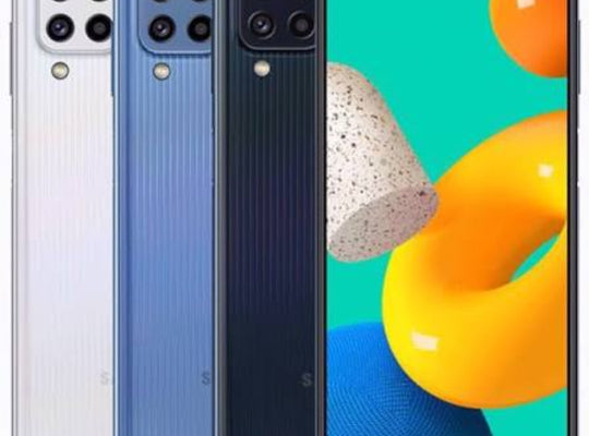 Refurbished Samsung Galaxy M32 5G smartphone with dual SIM slots, black color, and sleek design.