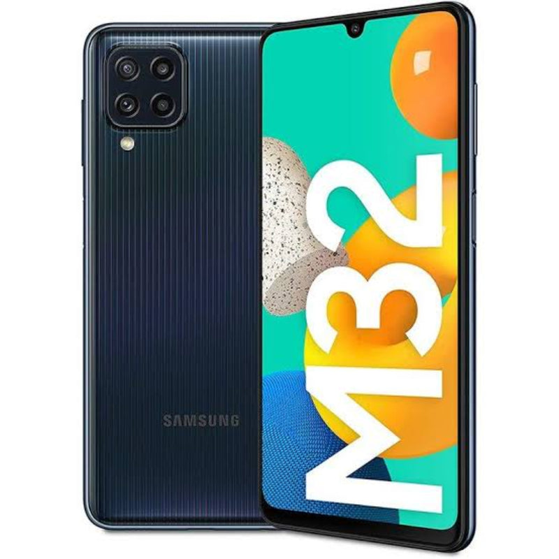 Refurbished Samsung Galaxy M32 5G smartphone with black front and back, showing the device's sleek design and screen display.