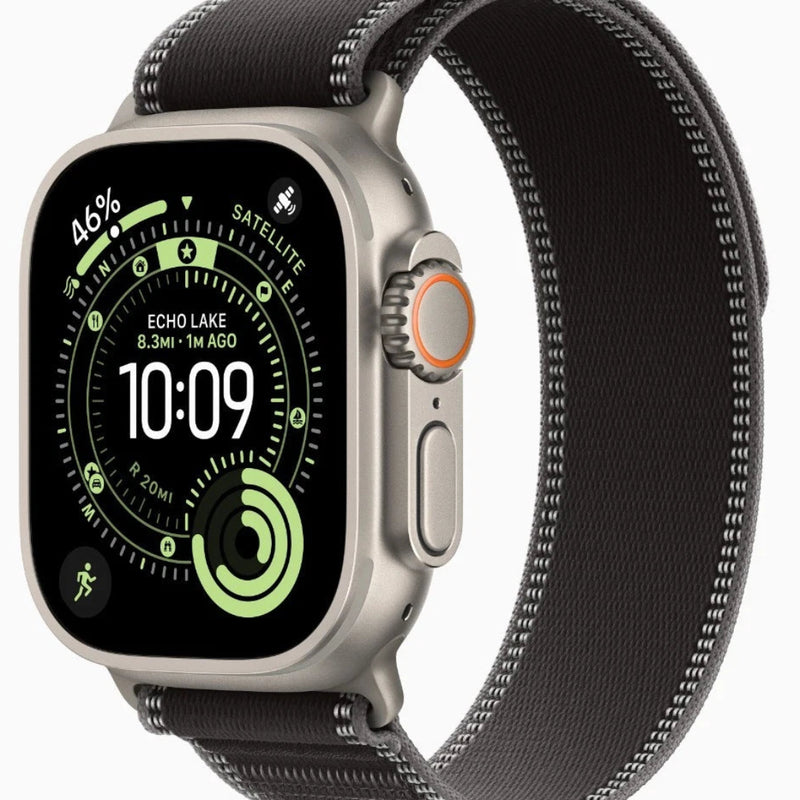 Refurbished Apple Watch Ultra 3 with 49mm titanium and ceramic case, GPS and cellular, shown on wrist.