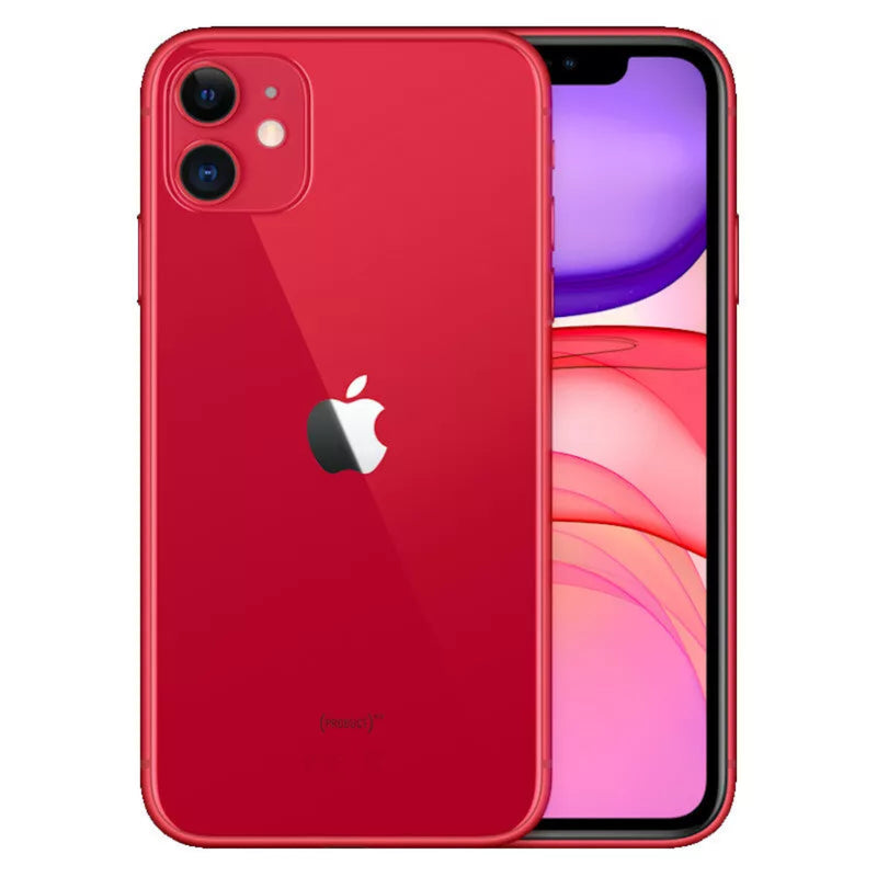 Refurbished Apple iPhone 11 SIM-free unlocked smartphone with a black front and colorful back, displayed on a plain background.