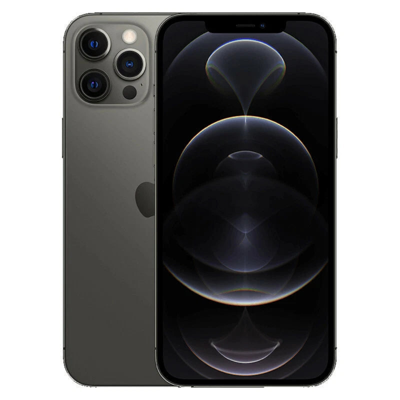 Refurbished Apple iPhone 12 Pro Max SIM-free smartphone with triple-lens camera and sleek design, displayed on a white background.