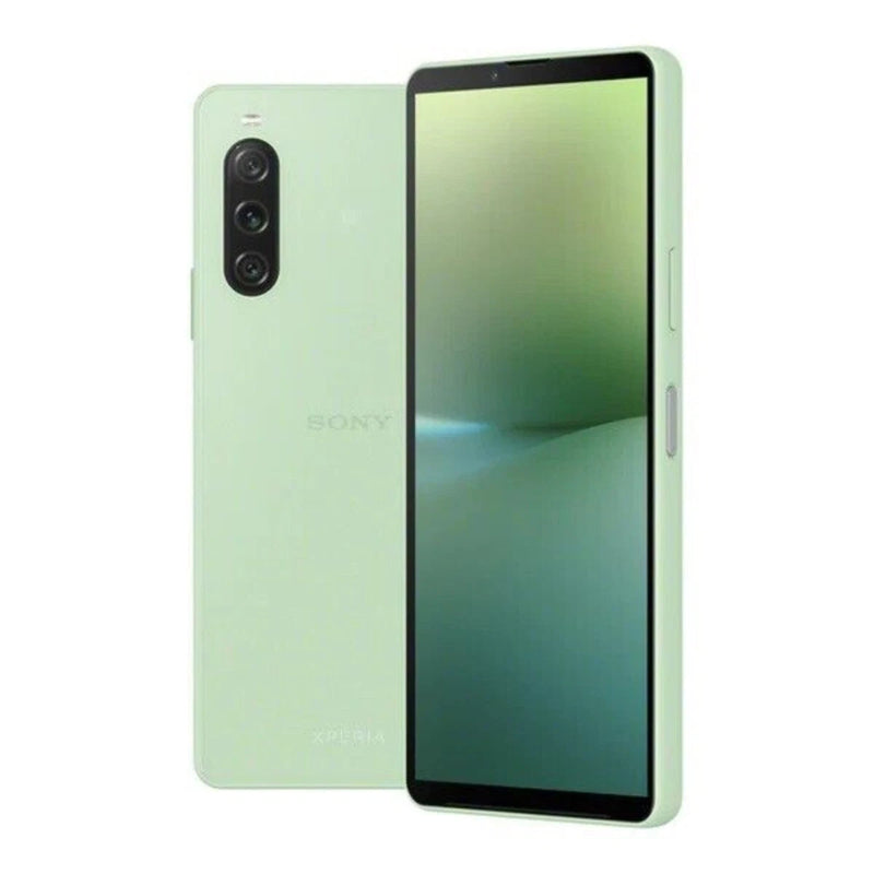 Refurbished Samsung smartphone with Sony Xperia 10 V variant, unlocked and SIM free, shown in a sleek black design.