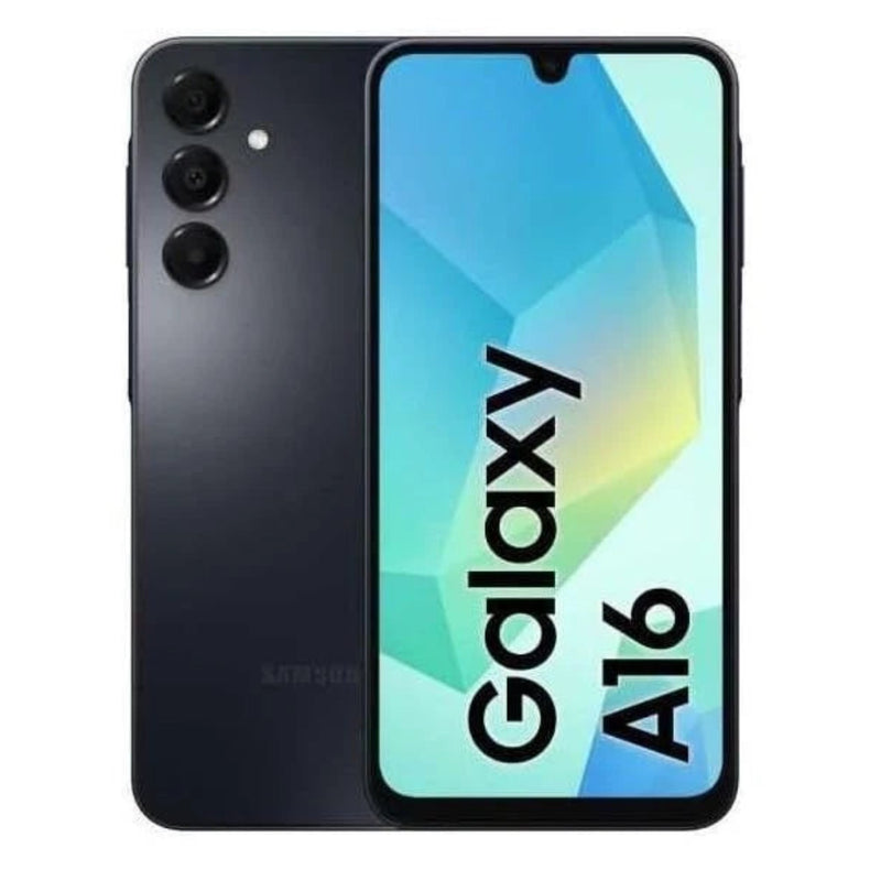 Refurbished Samsung Galaxy A16 SIM free smartphone with black front and colorful back display, showcasing the device's design.