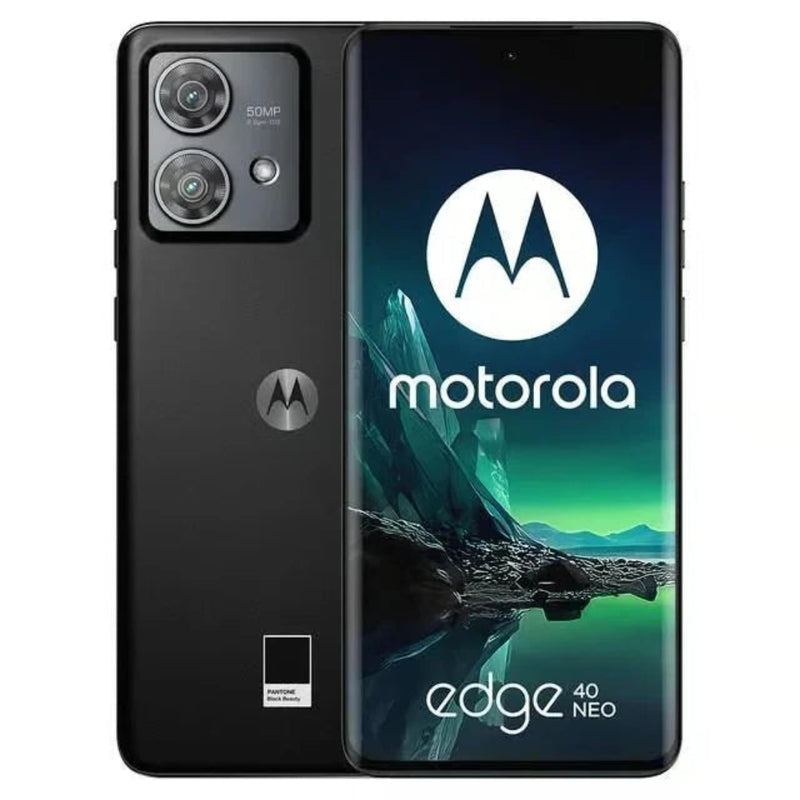 Refurbished Motorola Edge 40 Neo smartphone in black with 256GB storage, unlocked, shown from the front with screen on.