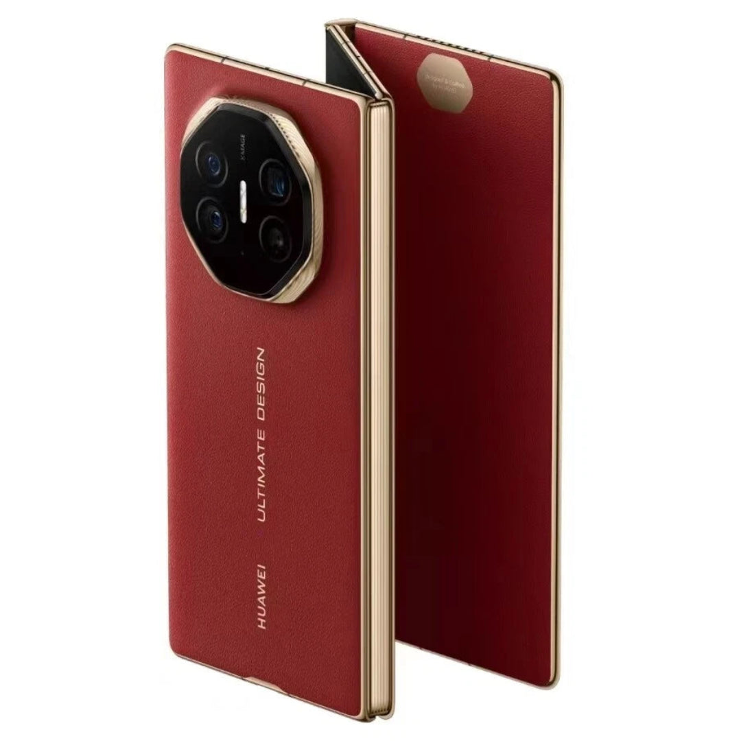 Huawei MATE XT Ultimate tri-fold smartphone with 16GB RAM and 1TB storage, shown in vibrant red, unlocked and refurbished.