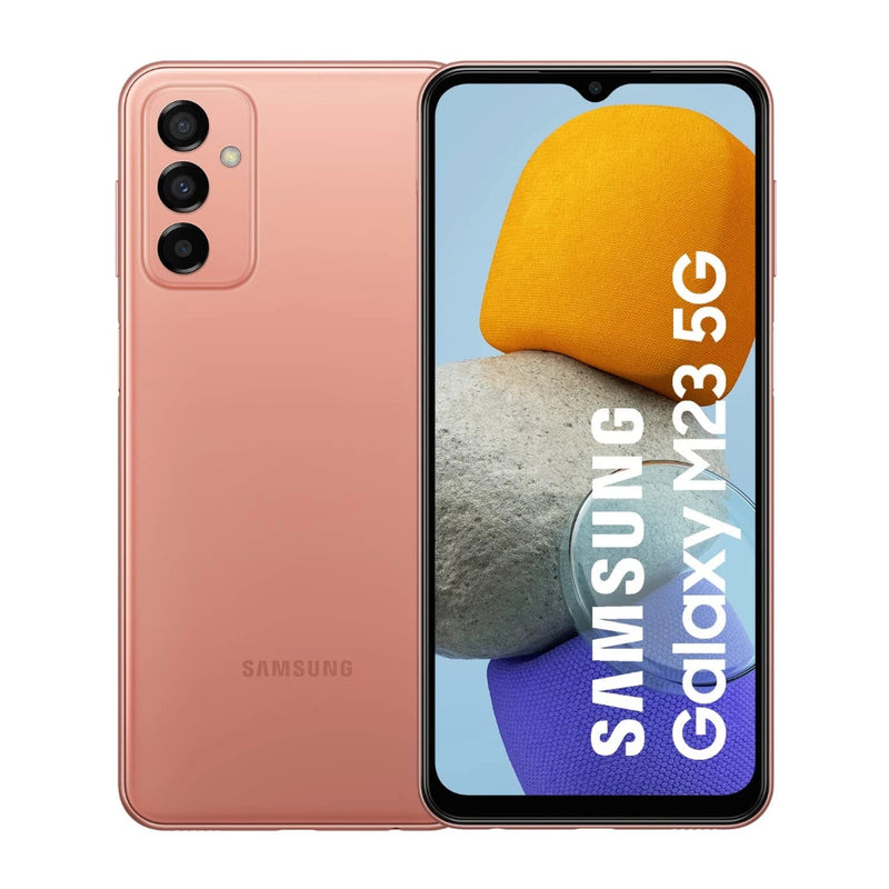 Samsung Galaxy M23 5G refurbished copper unlocked smartphone with 128GB storage, shown in a close-up view.