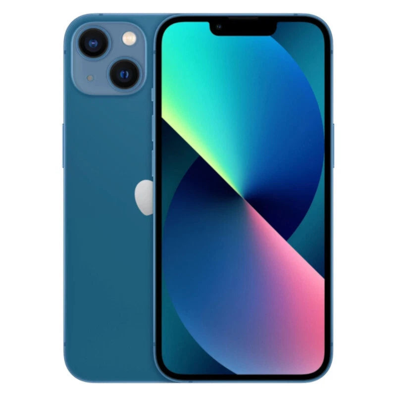 Refurbished Apple iPhone 13 SIM-free smartphone by Handtec, front view with screen turned on displaying colorful wallpaper.