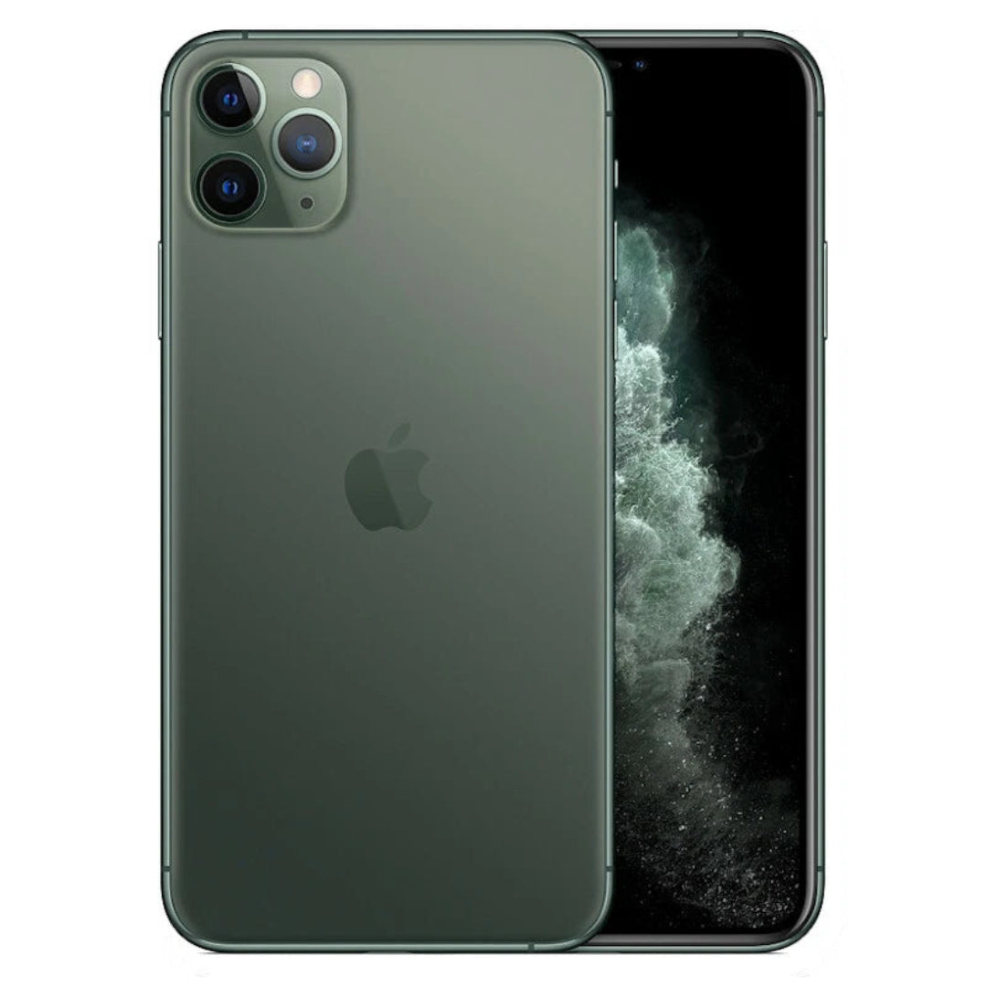 Refurbished Apple iPhone 11 Pro Max 256GB Midnight Green NFID/NTID smartphone with unlocked access, no Face ID visible in image.