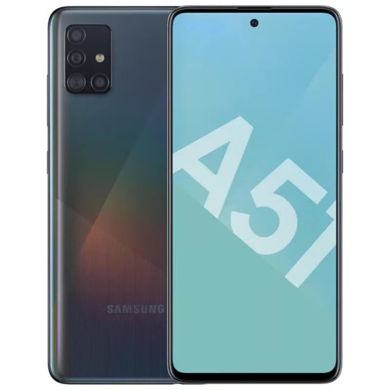 Samsung Galaxy A51 smartphone with 128GB storage in Prism Crush Black, unlocked and refurbished, showing front and back views.