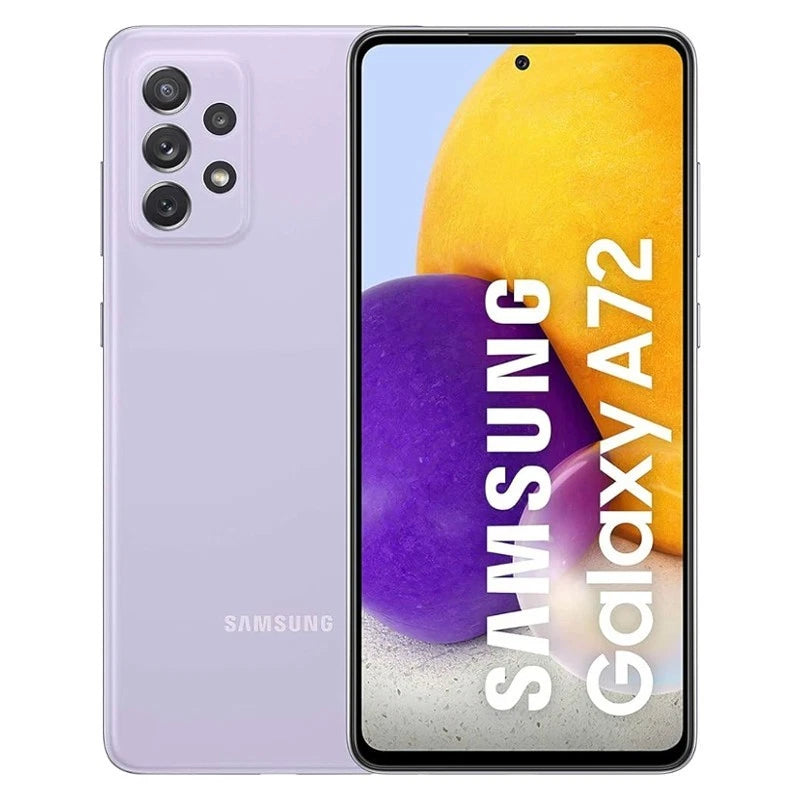 Refurbished Samsung Galaxy A72 SIM free smartphone with large display and quad camera setup, shown in a sleek modern design.