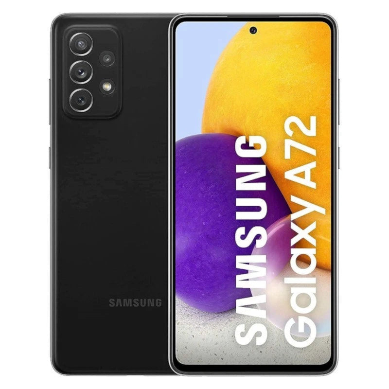 Refurbished Samsung Galaxy A72 SIM free smartphone with large display and sleek design, shown in a side view.