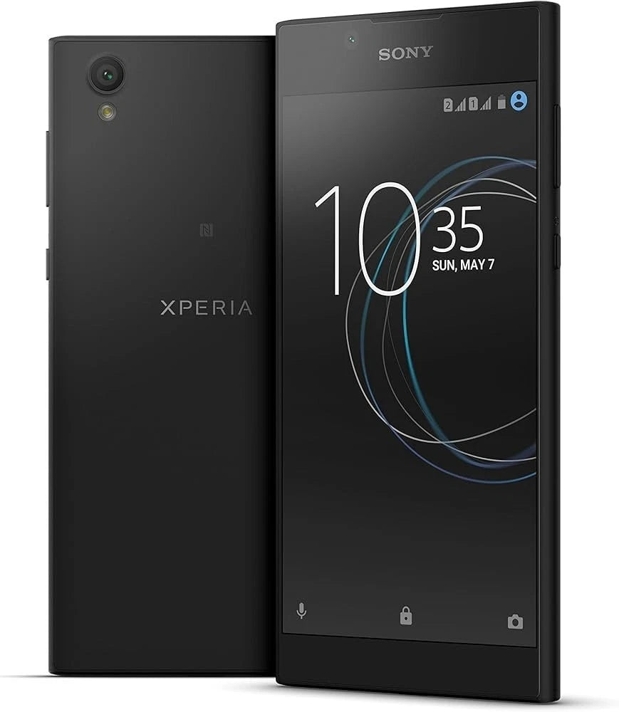 Refurbished Sony Xperia L1 smartphone in black with 16GB storage, EE locked, showing the phone's front display and sleek design.