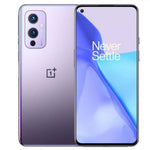Refurbished OnePlus 9 (5G) smartphone with black case, sleek design, and screen displaying colorful app icons.