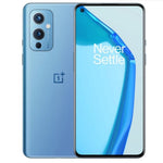Refurbished OnePlus 9 5G smartphone with sleek design, black finish, and dual rear cameras, displayed on a plain background.