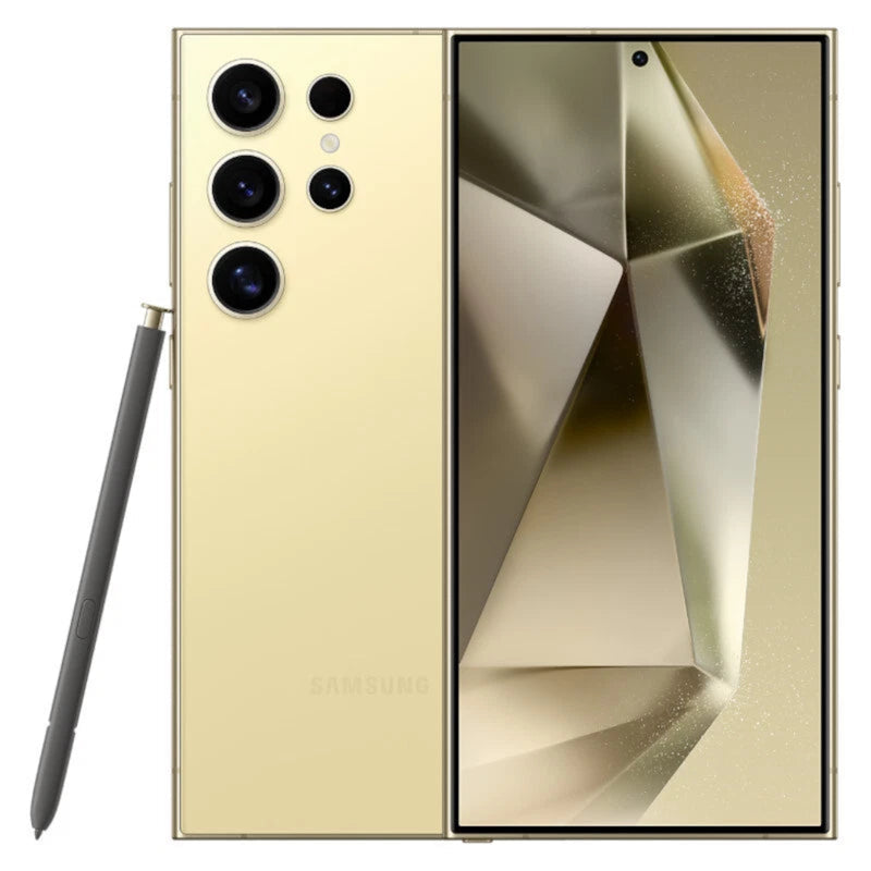 Refurbished Samsung Galaxy S24 Ultra 5G unlocked smartphone with large display and sleek design.