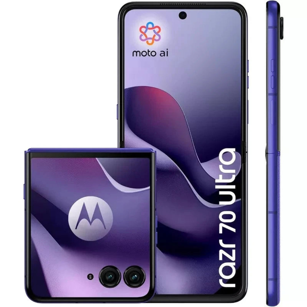 Motorola Razr 70 Ultra 512GB Pantone Orient Blue 5G refurbished flip phone, unlocked, with sleek design and vibrant blue color.