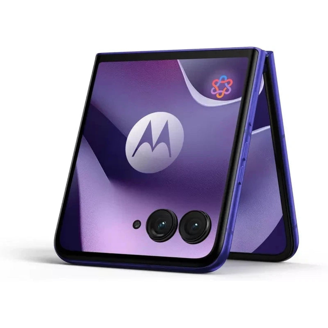 Refurbished Motorola Razr 70 Ultra 5G smartphone in Pantone Orient Blue with 512GB storage, unlocked, shown with folded design.