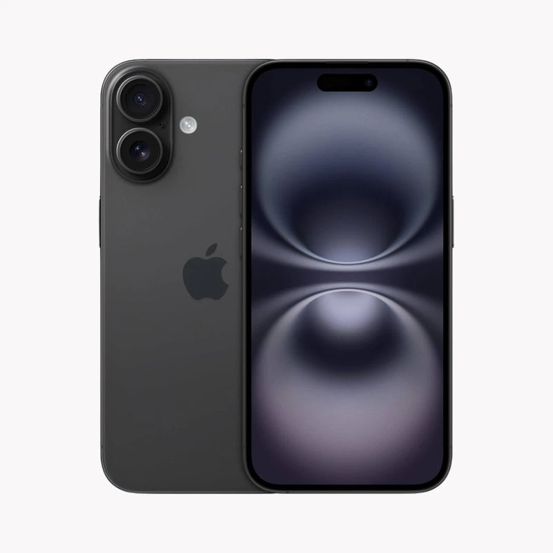Refurbished Apple iPhone 16 Plus 5G in black, with a large display and sleek design, shown from the front.