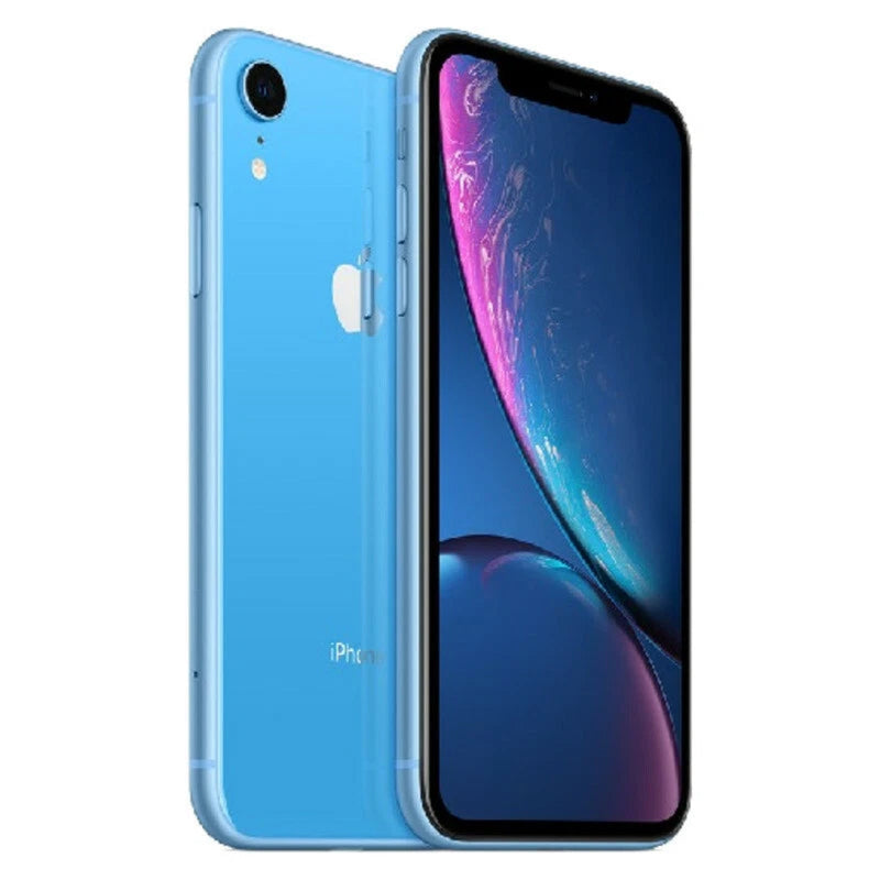 Refurbished Apple iPhone XR SIM-free by Handtec, showing front view with screen on and sleek design.