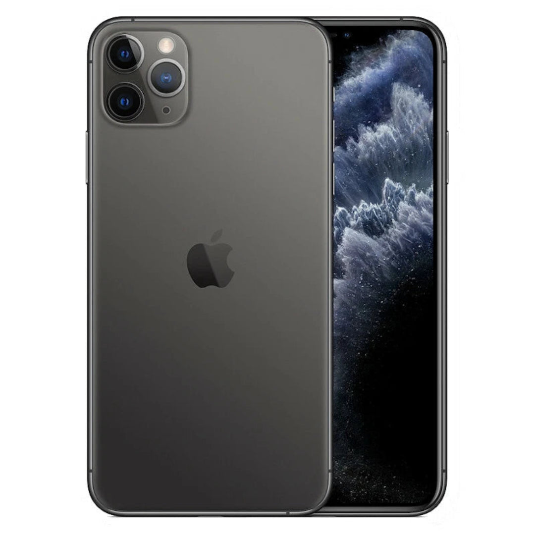 Refurbished Apple iPhone 11 Pro Max unlocked smartphone by Handtec, showing front and back views with sleek design and triple camera system.