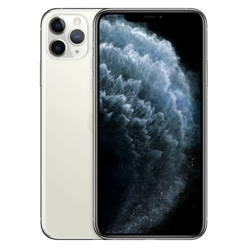 Refurbished Apple iPhone 11 Pro Max SIM free unlocked smartphone in space gray, showing the front screen with app icons.