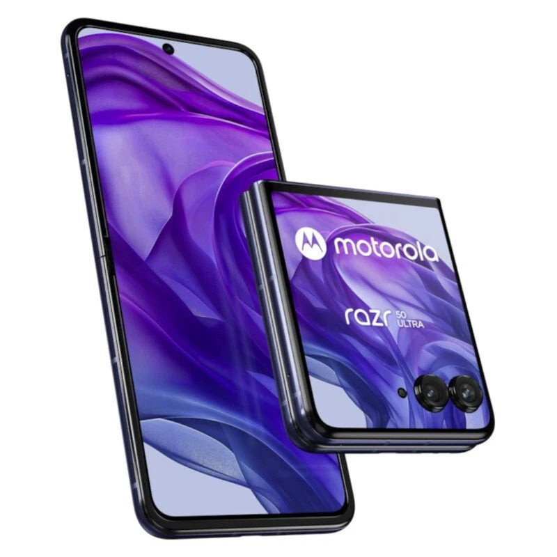 Samsung Motorola Razr 50 Ultra refurbished SIM free unlocked flip phone, showing the sleek clamshell design and vibrant screen.