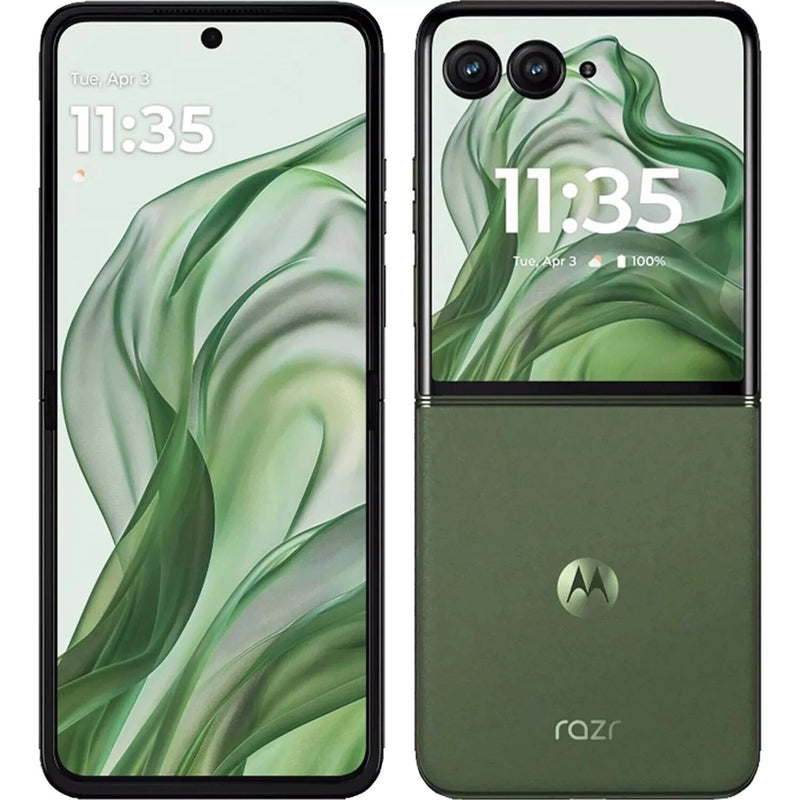 Refurbished Samsung Motorola Razr 50 Ultra flip phone, unlocked and SIM free, showing the sleek foldable design and vibrant screen.