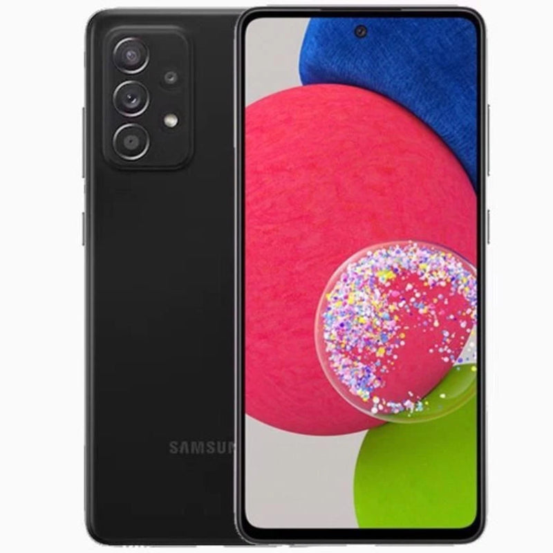 Refurbished Samsung Galaxy A52S SIM free smartphone with a large display and sleek design, shown in the image.