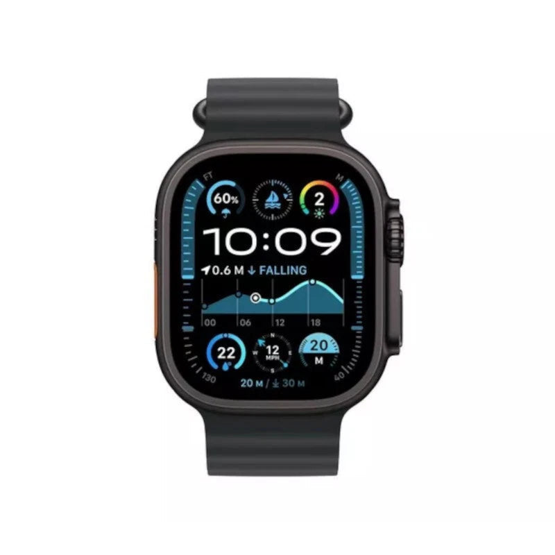 Refurbished Apple Watch Ultra 2 with GPS and cellular, 49mm titanium case, showing the smartwatch with a digital display.