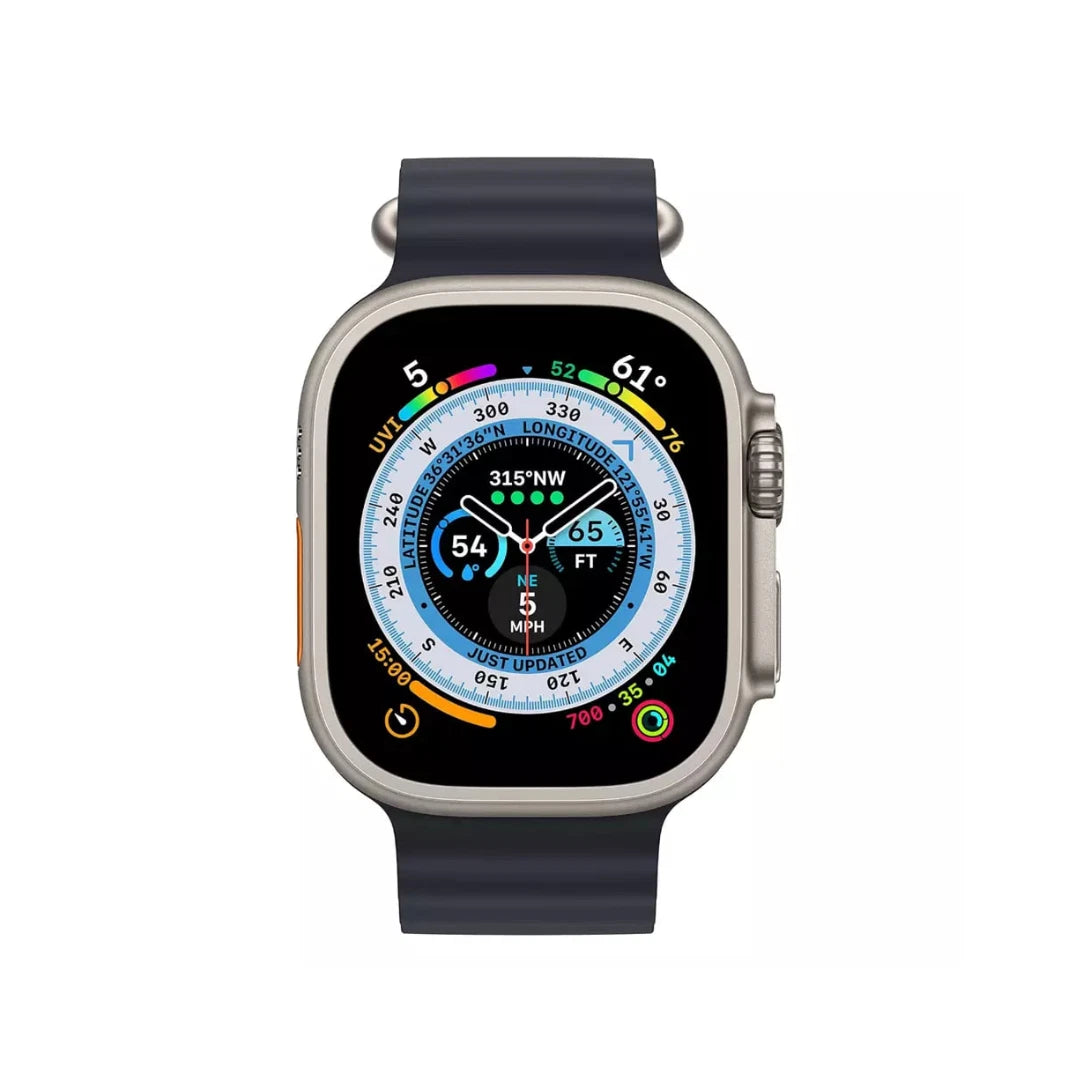 Refurbished Apple Watch Ultra 2 GPS + Cellular with 49mm titanium case, showing the smartwatch on a wrist with digital display
