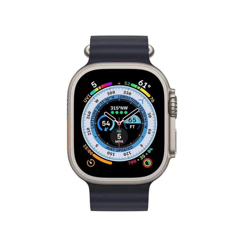 Refurbished Apple Watch Ultra 2 GPS + Cellular with 49mm titanium case, showing the smartwatch with digital display.
